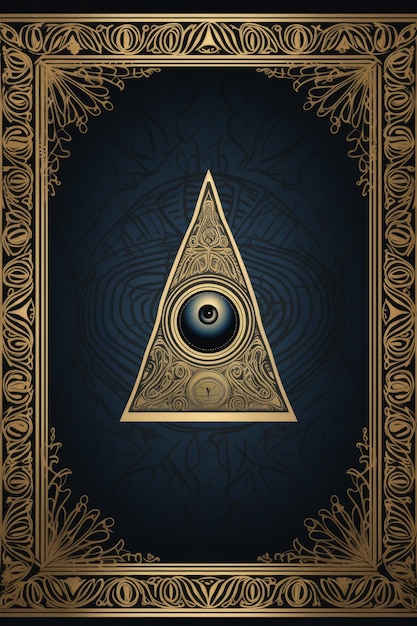 An all seeing eye in a golden frame on a dark blue background