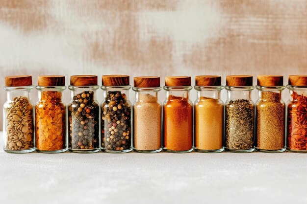 Foto tutti i tipi di spezie in una bottiglia colori naturali minimalisti