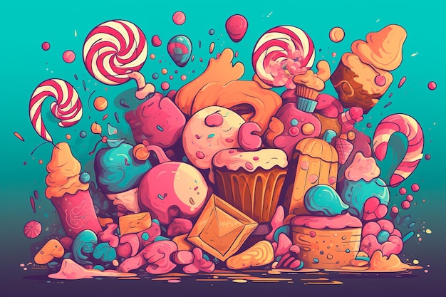 All sorts of sugary goodness Lots of sweets Concept of abundance exuberance