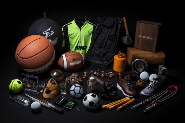 All sports elements on dark background