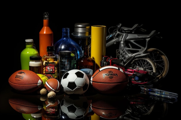 All sports elements on dark background