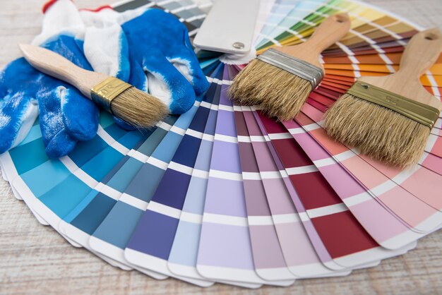 All tools for repair renovation home, paintbrush and color sampler for best choice. Colour palette