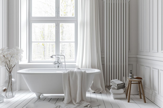 An all white bathroom with freestanding bathtub in a bright room with natural light from a window and wooden flooring ideal for interior design and relaxation themes