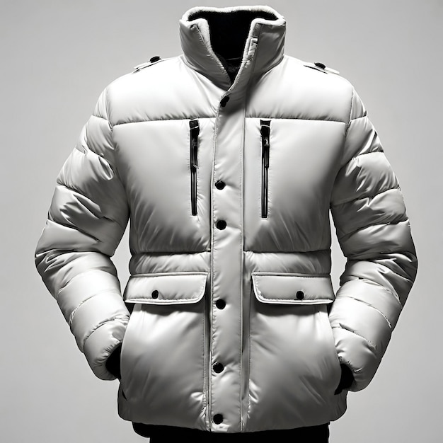 白い背景に表示されたオールホワイトのウィンタージャケットとジャケットのドロップシャドウ高解像度