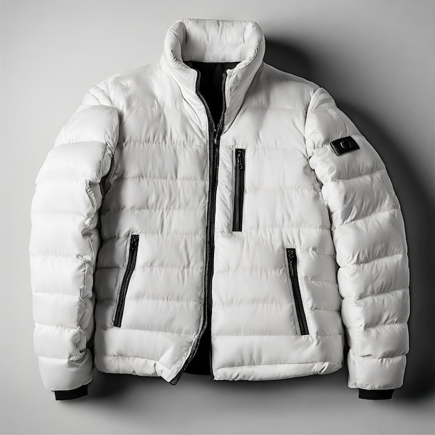 All White winter jacket displayed on a white background and drop shadow of jacket High resolution
