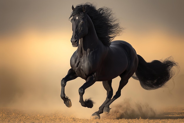 An allblack Friesian gallops at full speed