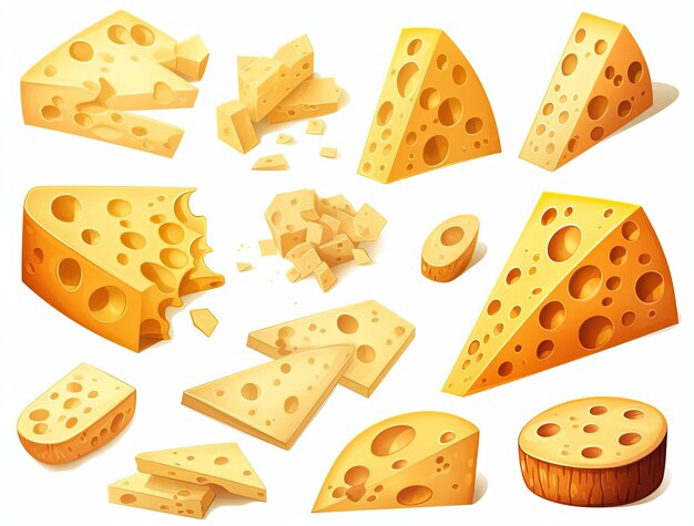 Foto alle stukken kaas en gaten op witte achtergrond