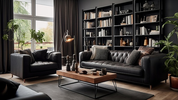 Foto alle zwarte elegante en gezellige interieur woonkamer met zwarte gordijnen en bank