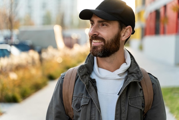 Alleen positieve emoties. Close-up portret van een opgetogen bebaarde man met pet staat buiten en lacht terwijl hij wegkijkt