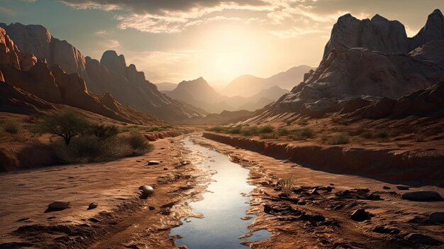 기후 변화에 대한 우화 금이 간 Generative AI 스타일의 산 근처 사막의 비포장 도로와 마른 강