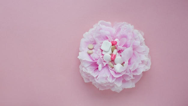 写真 アレルギーの概念の花と丸薬ピンクの牡丹とピンクの背景にさまざまな丸薬