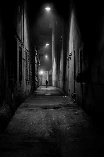 Alley amidst buildings at night