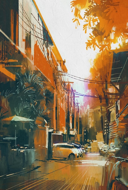 alley autumn city landscape,digital painting