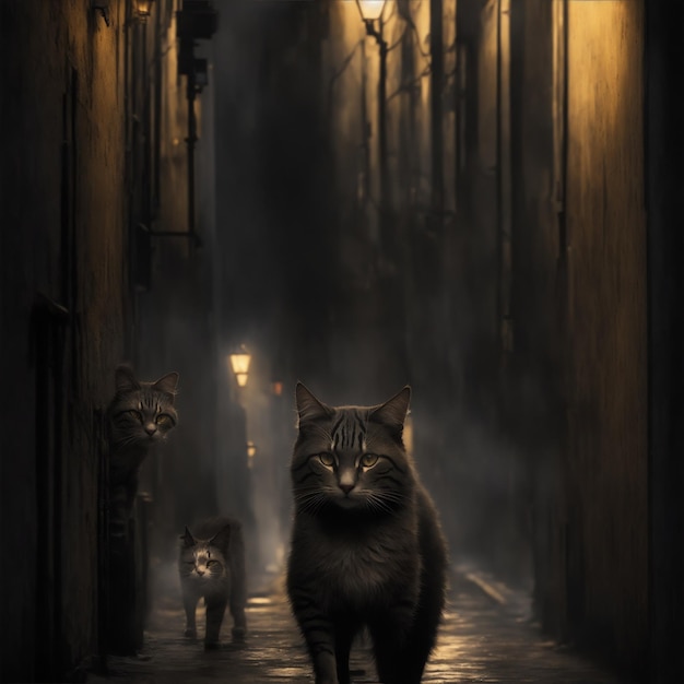 Alley cat in a dark dirty alley