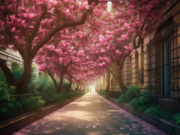 ピンクの木蓮が咲き誇る路地