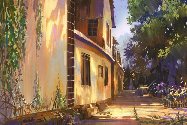 alleyway in old town,illustration painting