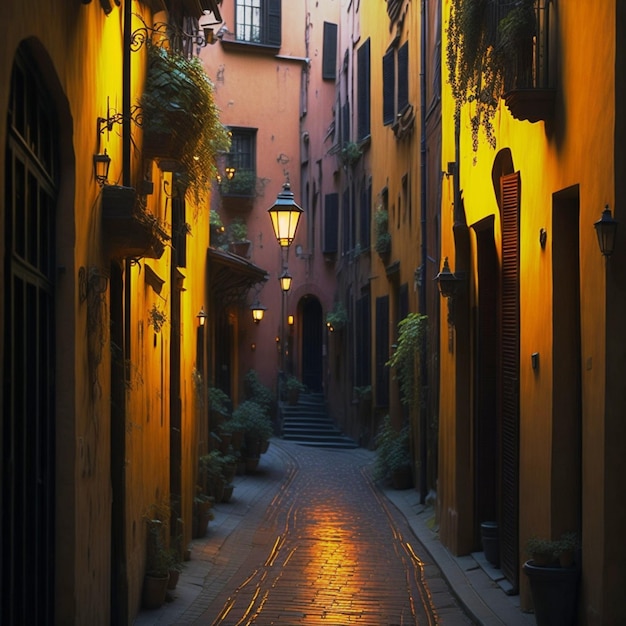 Alleyways at Dusk Warm Orange and Ochre Romantic European Ambiance