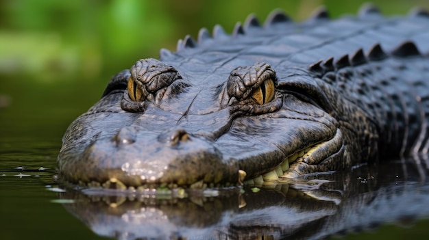 The alligator crocodile swims with its eyes open and half of its body floating on the water surface