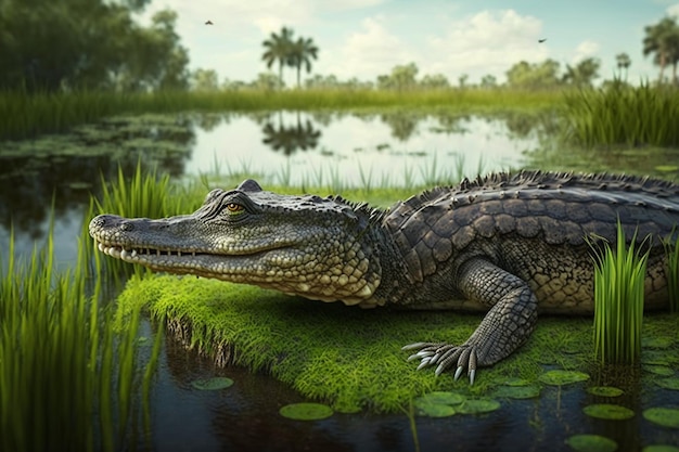 Alligator dieren rivier site op gras naast meer wallpaper hd AI gegenereerde afbeelding