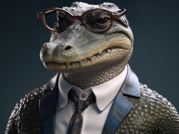 Alligator dressed in a business suit and wearing glasses close up portrait