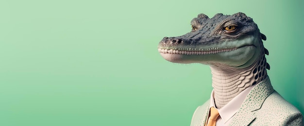 alligator dressed in a formal business suit with a pastel background anthropomorphic businessman generative ai