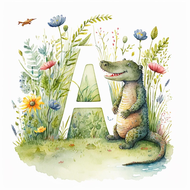 Alligator en letter A Het verkennen van de natuur en het leren van het alfabet waterverf illustratie voor kinderen ABC