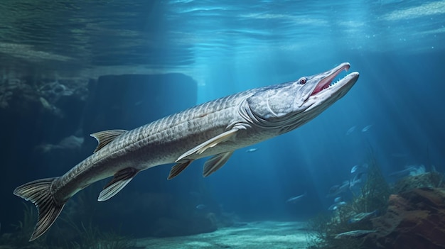 Alligator gar vissen zwemmen in zoet zeewater foto AI Generated Image