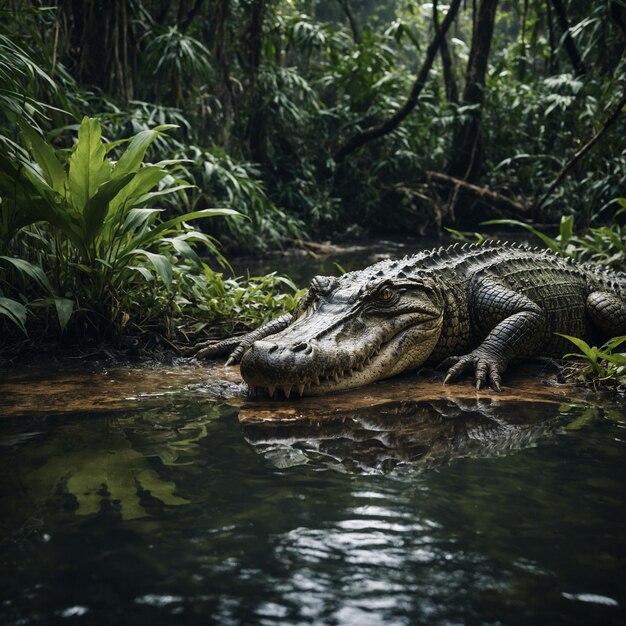 an alligator is in the water with a crocodile in the background