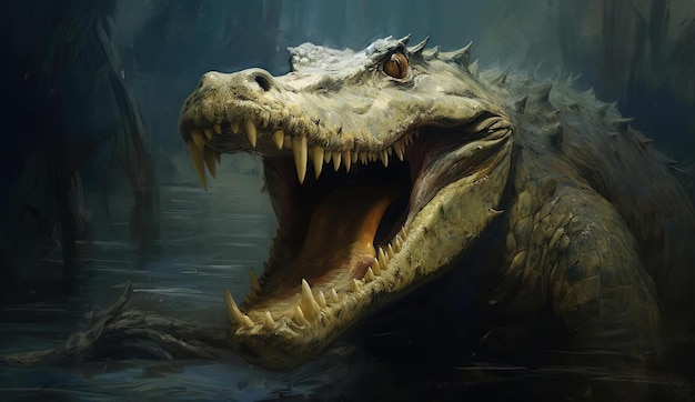 an alligator with its mouth opened is shown in the dark underwater