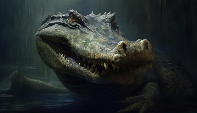аллигатор с открытой пастью показан в темноте под водой