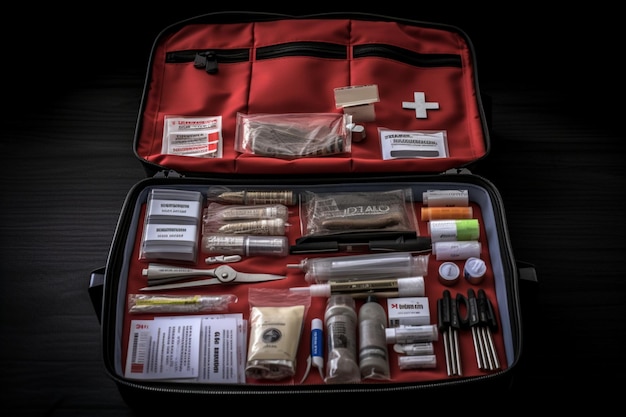 Allinone First aid kit containing thermometer scissors patch dressing foil and drugs