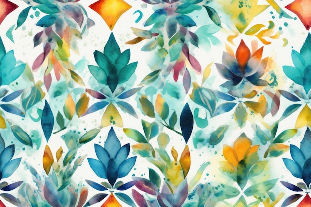 Allover seamless hand painted multicolor watercolor arabesque flowery geometrical design with leaves