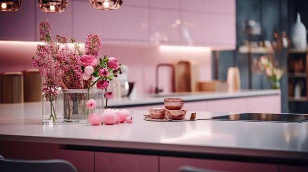 An allpink minimalist kitchen featuring builtin cabinetry cooking appliances and a sink and stove Generative AI