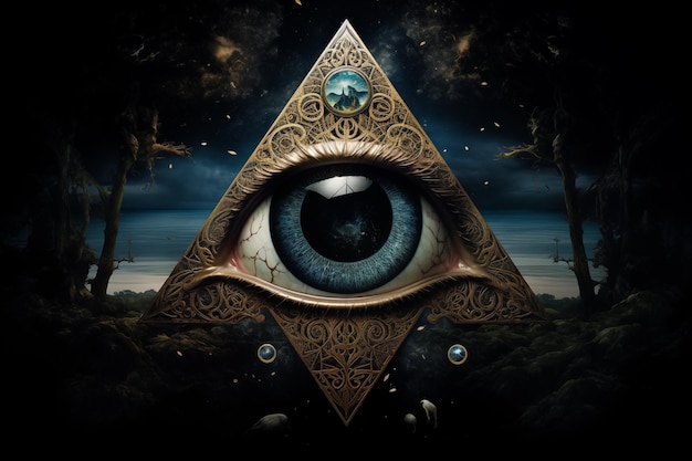 Photo allseeing eye in mystery cryptic forest generative ai