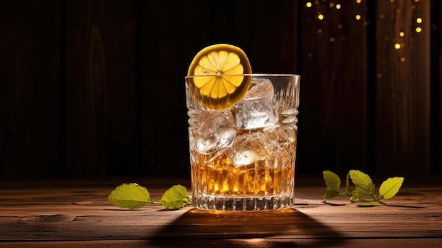 Алкогольный напиток с лимоном и льдом на старом деревянном столе освежающий коктейль, рассказывающий историю вечного удовольствия