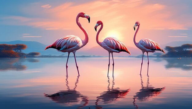 Foto il fascino dei bellissimi fenicotteri in riva al lago