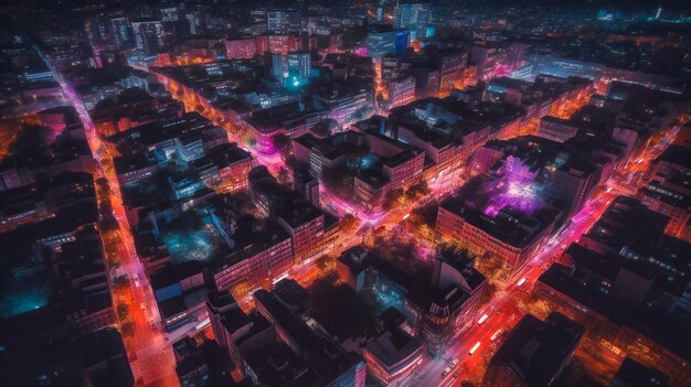 An alluring aerial view of a cityscape at night highlighting the mesmerizing interplay of light and water