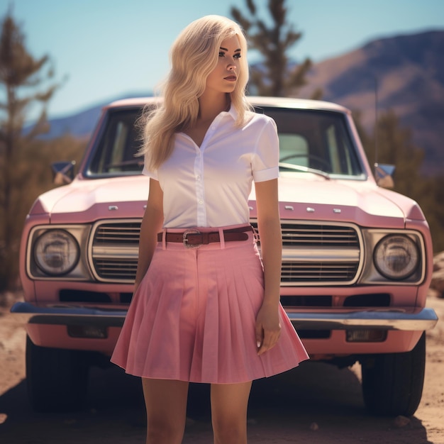 Photo the alluring blonde a captivating vision near a ford car in pink short skirt and white blouse