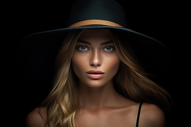 The Alluring Charisma A Captivating Woman Adorning a Hat Striking a Pose against a Dramatic Black