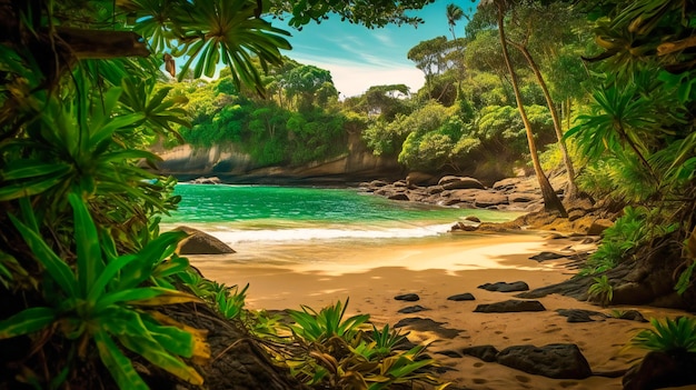 An alluring image of a secluded pristine beach providing the perfect setting for a luxurious and peaceful tropical escape