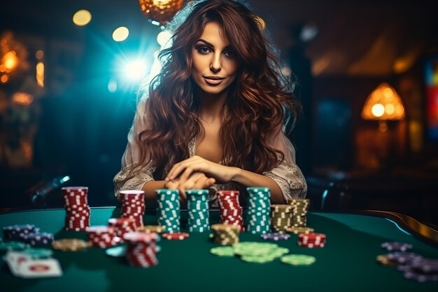 Привлекательная женщина-игрочка рискованная ставка с покерными фишками