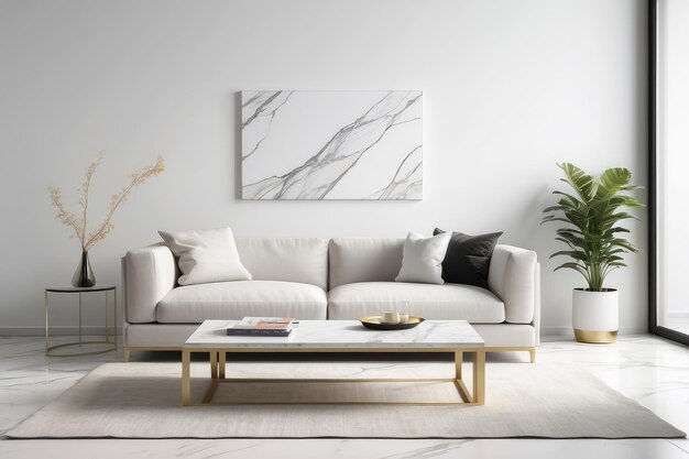 Photo an alluring photo showcasing a modern white living room with a cozy sofa and a marble coffee table