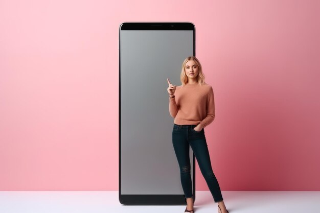 The alluring presence of a young blonde girl holding a massive smartphone an empty canvas for limit