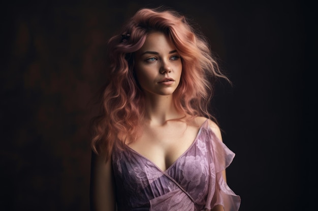 Alluring woman with tousled mauve hair wearing a flowing pastel dress