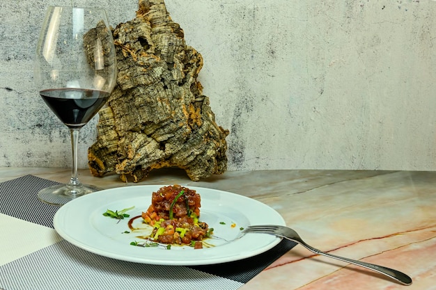 Almadraba red tuna tartare served on a plate