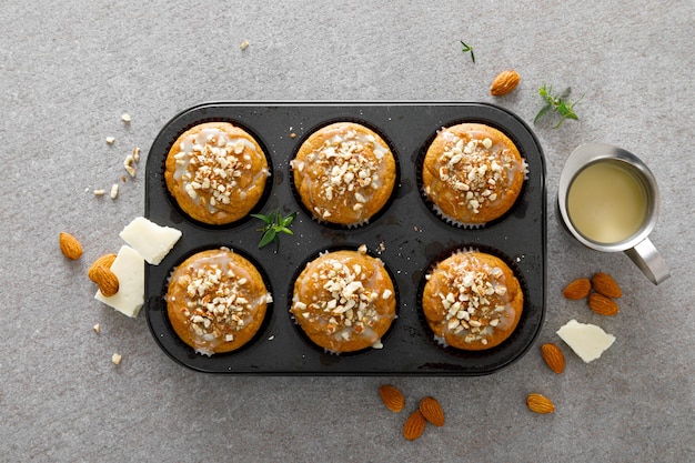 Almond banana muffins with white chocolate and nuts