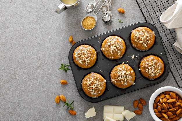 Almond banana muffins with white chocolate and nuts