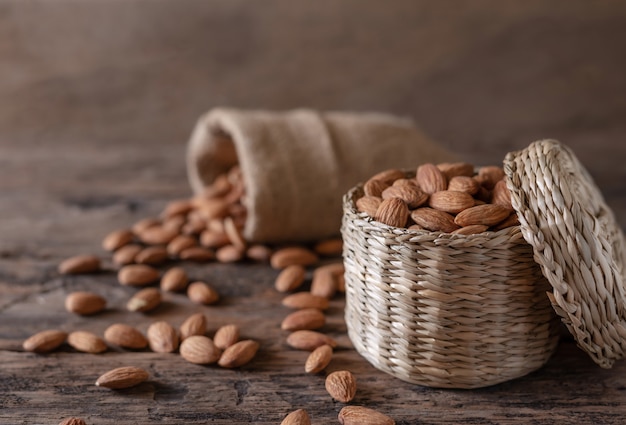 Almond in basket on blurred wood