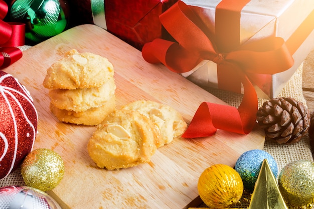 Almond Cookie and Festive Decoration, Christmas and New Year on table