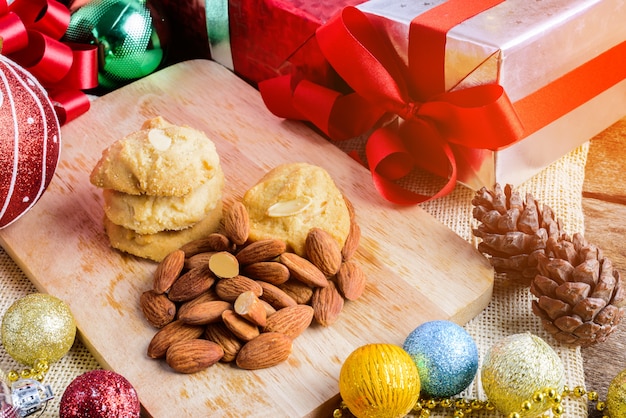 Almond Cookie and Festive Decoration, Christmas and New Year on table